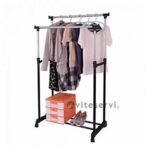 Porte Vêtements Double Pôle à Roulettes Avec Etagère à Chaussures En Acier Inoxydable Gris