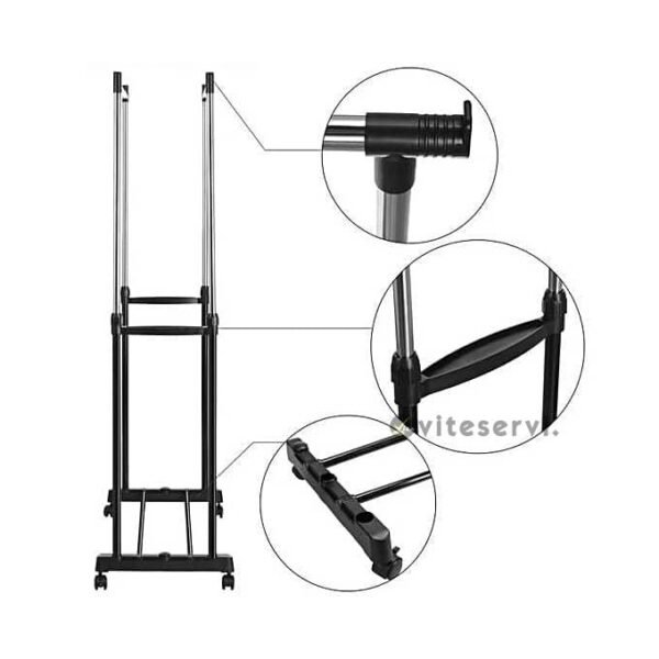 Porte Vêtements Double Pôle à Roulettes Avec Etagère à Chaussures En Acier Inoxydable Gris