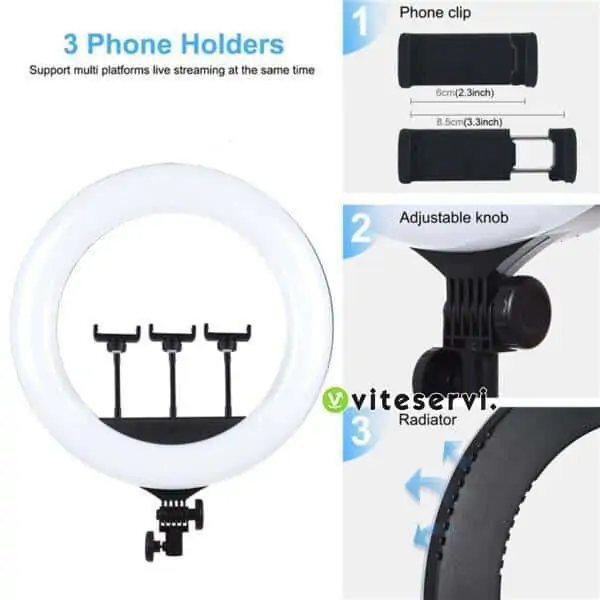 Ring light à trois support de téléphone, anneau de diffusion et de photographie éclairage youtube, tik tok,