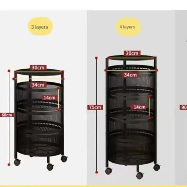 Étagère de rangement pivotantes, paniers de fruits sur roues revêtement de sol à plusieurs niveaux