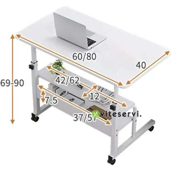 Table de lit roulante pour ordinateur portable, avec 2 casiers de taille;60x40x(69-90) cm)