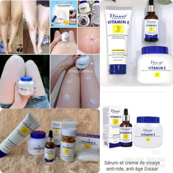 PhotoGrid 1643416729354 Disaar vitamine E pour un teint lisse contre vergetures acné sébum bouton tâches rides sérum, crème, nettoyant