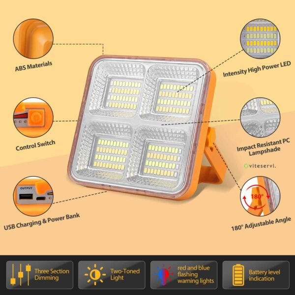 Projecteur LED Rechargeable Original 160 LEDs Lampe de Chantier Lumière de Travail Portable avec Panneau Solaire
