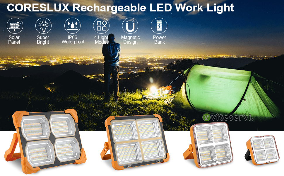 Projecteur LED Rechargeable Original 160 LEDs Lampe de Chantier Lumière de Travail Portable avec Panneau Solaire