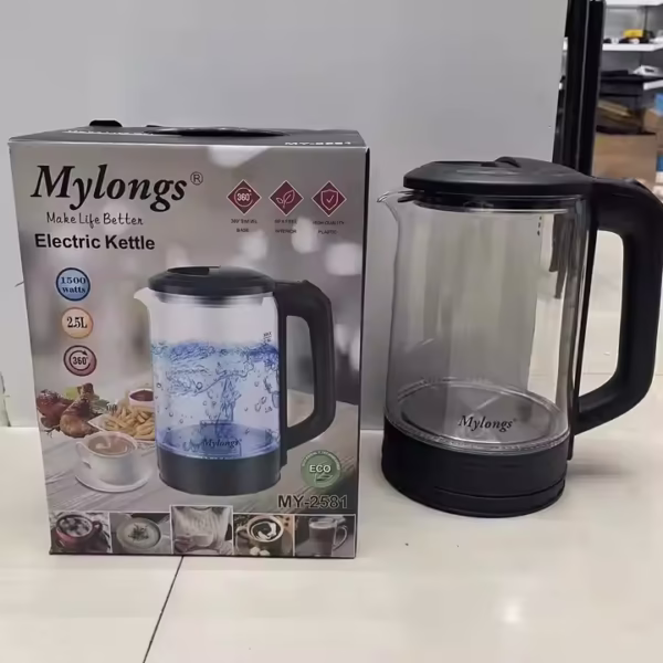 Bouilloire électrique en verre Mylongs de 2,2 litres pour faire bouillir de l'eau et du lait - Transparente.