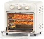 Friteuse à air, four grille-pain à commande par bouton pour des repas faciles, sans huile et sains avec panier et plateaux antiadhésifs lavables au lave-vaisselle (blanc)