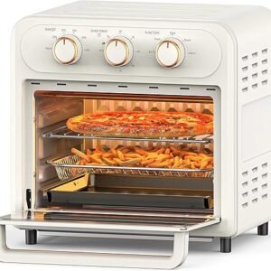 Friteuse à air, four grille-pain à commande par bouton pour des repas faciles, sans huile et sains avec panier et plateaux antiadhésifs lavables au lave-vaisselle (blanc)