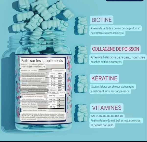 Screenshot 20241118 133507 Gummies Biotine Collagène Kératine Multivitaminées pour Cheveux, Ongles et Peau – Fortification et Éclat en 14 Jours, 60 Bonbons Gélifiés