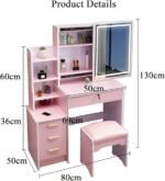 Table de Maquillage Meuble Coiffeuse avec Miroir et LED Meuble de Maquillage avec 3 Étagères de Rangement et 4Tiroirs Coiffeuse de Chambre à Coucher avec Tabouret