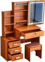 Table de Maquillage Meuble Coiffeuse avec Miroir et LED Meuble de Maquillage avec 3 Étagères de Rangement et 4Tiroirs Coiffeuse de Chambre à Coucher avec Tabouret