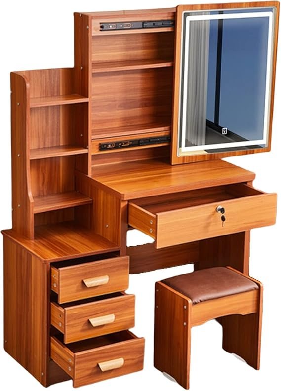 61aijAT0+IL. AC SX569 Table de Maquillage Meuble Coiffeuse avec Miroir et LED Meuble de Maquillage avec 3 Étagères de Rangement et 4Tiroirs Coiffeuse de Chambre à Coucher avec Tabouret