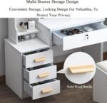 Table de Maquillage Meuble Coiffeuse avec Miroir et LED Meuble de Maquillage avec 3 Étagères de Rangement et 4Tiroirs Coiffeuse de Chambre à Coucher avec Tabouret