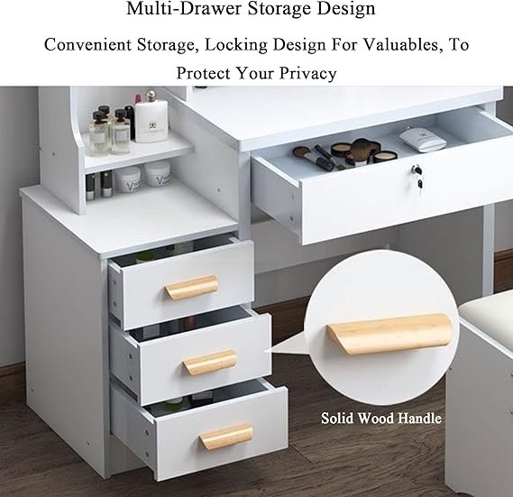 715Gkanvq7L. AC SX569 Table de Maquillage Meuble Coiffeuse avec Miroir et LED Meuble de Maquillage avec 3 Étagères de Rangement et 4Tiroirs Coiffeuse de Chambre à Coucher avec Tabouret