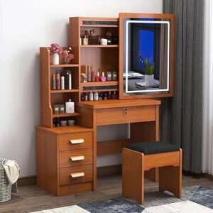 Table de Maquillage Meuble Coiffeuse avec Miroir et LED Meuble de Maquillage avec 3 Étagères de Rangement et 4Tiroirs Coiffeuse de Chambre à Coucher avec Tabouret