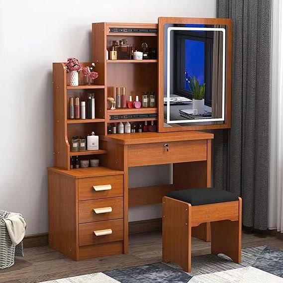 71lh81F46YL. AC SX569 Table de Maquillage Meuble Coiffeuse avec Miroir et LED Meuble de Maquillage avec 3 Étagères de Rangement et 4Tiroirs Coiffeuse de Chambre à Coucher avec Tabouret