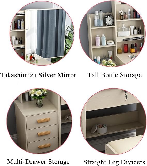 71wgwoEg6OL. AC SX569 Table de Maquillage Meuble Coiffeuse avec Miroir et LED Meuble de Maquillage avec 3 Étagères de Rangement et 4Tiroirs Coiffeuse de Chambre à Coucher avec Tabouret