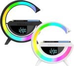 Lampe de chevet LED forme G avec fonction de charge, chargeur sans fil 15 W, haut-parleur Bluetooth, synchronisation musicale, veilleuse à intensité variable et Réveil