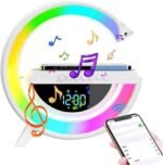 Lampe de chevet LED forme G avec fonction de charge, chargeur sans fil 15 W, haut-parleur Bluetooth, synchronisation musicale, veilleuse à intensité variable et Réveil