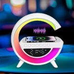 Lampe de chevet LED forme G avec fonction de charge, chargeur sans fil 15 W, haut-parleur Bluetooth, synchronisation musicale, veilleuse à intensité variable et Réveil