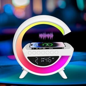 Lampe de chevet LED forme G avec fonction de charge, chargeur sans fil 15 W, haut-parleur Bluetooth, synchronisation musicale, veilleuse à intensité variable et Réveil