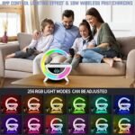 Lampe de chevet LED forme G avec fonction de charge, chargeur sans fil 15 W, haut-parleur Bluetooth, synchronisation musicale, veilleuse à intensité variable et Réveil