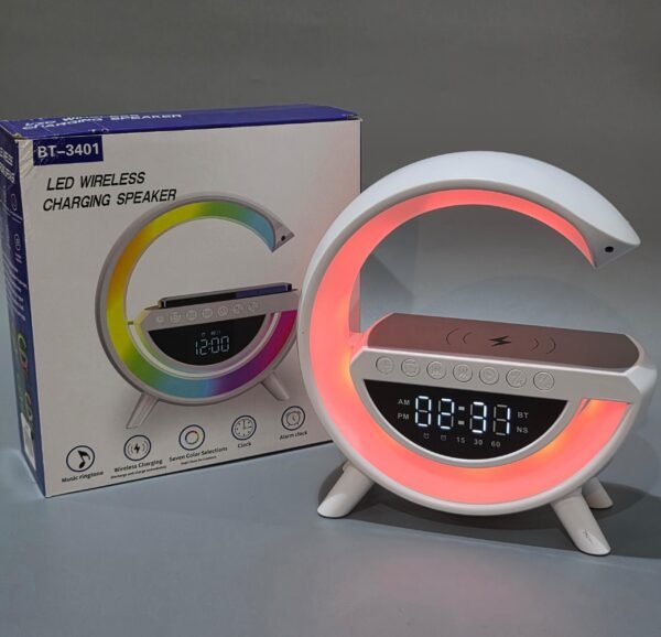 Lampe de chevet LED forme G avec fonction de charge, chargeur sans fil 15 W, haut-parleur Bluetooth, synchronisation musicale, veilleuse à intensité variable et Réveil