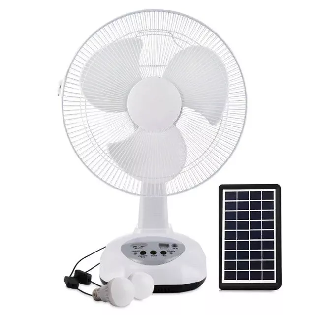 s l1600 (3) Ventilateur rechargeable neuf avec panneau solaire, port USB, lumière LED et 2 ampoules
