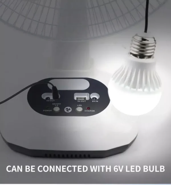 Ventilateur rechargeable neuf avec panneau solaire, port USB, lumière LED et 2 ampoules