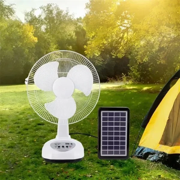 Ventilateur rechargeable neuf avec panneau solaire, port USB, lumière LED et 2 ampoules