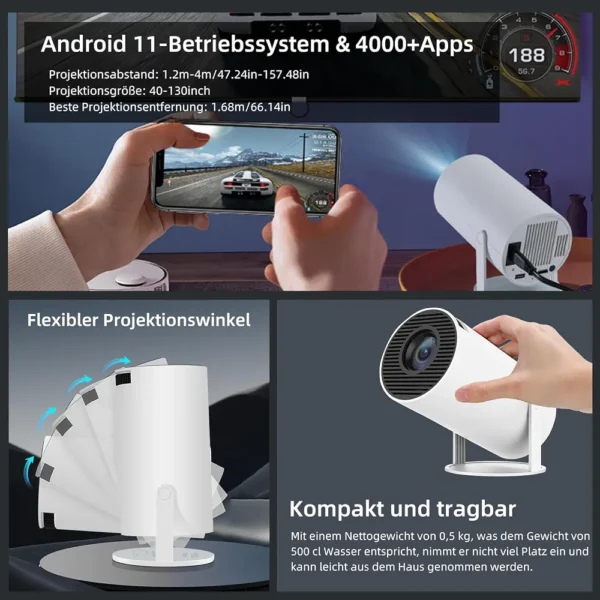 Mini projecteur, vidéoprojecteur 4K, Full HD 1080P, portable, vidéoprojecteur extérieur, Smart WiFi Bluetooth, Android 11, correction automatique du trapèze