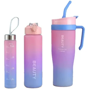Gourde à paille de 2 L avec couvercle en plastique, 3 pièces, bleu