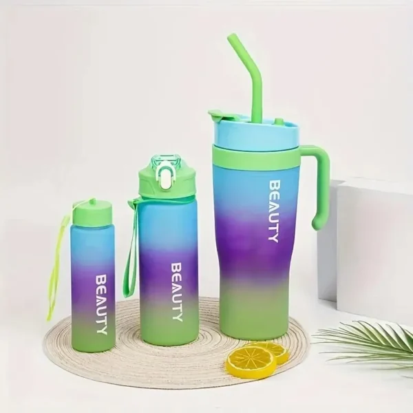 Gourde à paille de 2 L avec couvercle en plastique, 3 pièces, bleu