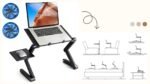 Support Bureau d'ordinateur Portable Pliable en Aluminium Ergonomique Plateau Support de Lecture Inclinable avec Coussin de Refroidissement Noir