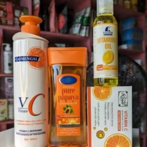 Gamme corporelle à la vitamine C, lait, huile glow, sérum et savon