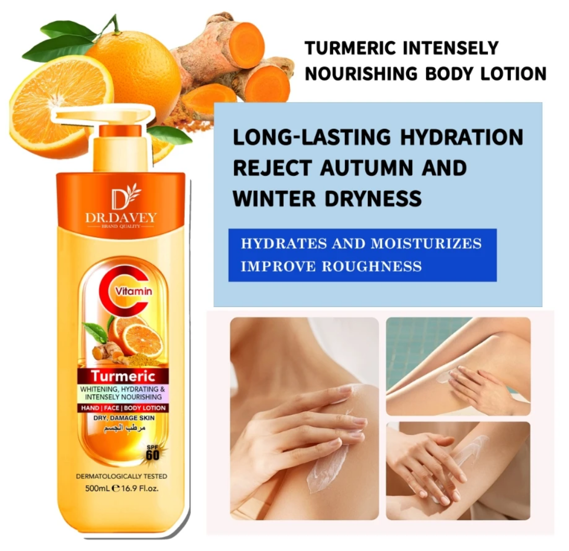 1761422834071 lotion pour le corps au curcuma et à la vitamine C de la marque.C'est une lotion hydratante conçue pour éclaircir et nourrir la peau, et elle contient un SPF 60.