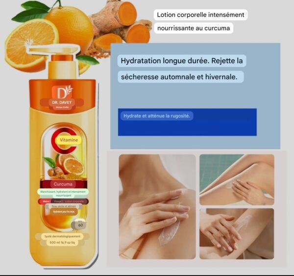 Screenshot 20251025 211516 lotion pour le corps au curcuma et à la vitamine C de la marque.C'est une lotion hydratante conçue pour éclaircir et nourrir la peau, et elle contient un SPF 60.