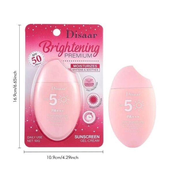 Crème Solaire Visage et Corps Disaar Brightening Premium SPF 50 PA+++, Gel-Crème Hydratant Éclaircissant Anti-UVB/UVA, Protection Solaire Quotidienne Longue Durée et Apaisante pour Peau Sensible 50g