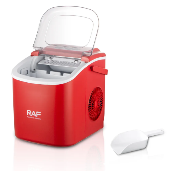 1770368682073 Machine à Glaçons RAF R.0301 Automatique, Production Continue de Glace 12kg/24h, Taille Réglable, Nettoyage Facile, Indicateur Plein, Idéale pour Maison, Bureau et Événements (Rouge)
