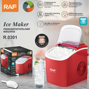 Machine à Glaçons RAF R.0301 Automatique, Production Continue de Glace 12kg/24h, Taille Réglable, Nettoyage Facile, Indicateur Plein, Idéale pour Maison, Bureau et Événements (Rouge)