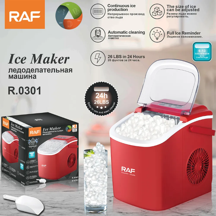 1770368701033 Machine à Glaçons RAF R.0301 Automatique, Production Continue de Glace 12kg/24h, Taille Réglable, Nettoyage Facile, Indicateur Plein, Idéale pour Maison, Bureau et Événements (Rouge)