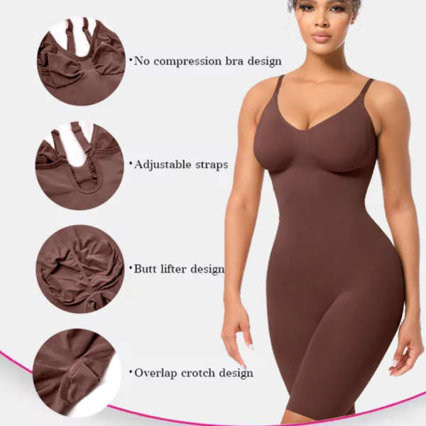 body gainant intégral pour femme, conçu pour sculpter la silhouette de manière invisible sous les vêtements. Il offre une compression ciblée sur plusieurs zones clés pour un effet affinant immédiat.