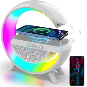 Lampe d'Ambiance LED RGB Multifonction avec Enceinte Bluetooth et Chargeur Sans Fil Induction Rapide, Réveil Intelligent, Station Audio Lumineuse pour Chambre et Bureau