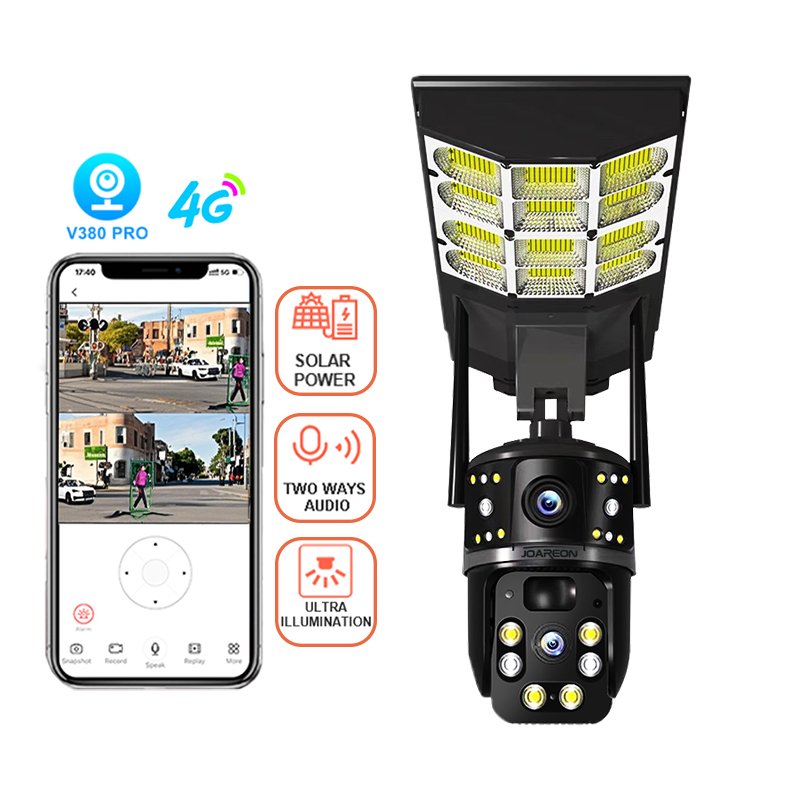 Hd893c4aa76de419fb4bfd25b1d177d70N Lampadaire à Caméra de Surveillance Solaire 4G Extérieure PTZ V380 Pro, Autonome avec Éclairage LED Puissant, Audio Bidirectionnel et Détection de Mouvement pour Sécurité Renforcée, Vidéosurveillance Sans Fil Intelligente