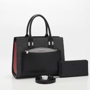 Ensemble Sac à Main Femme SU QUEENNA 3 Pièces Élégant, Sac Fourre-tout Grande Capacité avec Pochette Amovible et Portefeuille Zippé, Organisateur Polyvalent en Cuir PU pour Travail et Quotidien (Noir/Gris/Rouge)