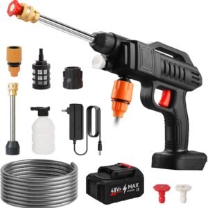 Nettoyeur Haute Pression Portable Sans Fil 48V, Pistolet de Lavage Rechargeable pour Voiture, Jardin et Maison, Hydro-Nettoyeur Polyvalent avec Mousseur et Buses Multiples, Puissant et Économique