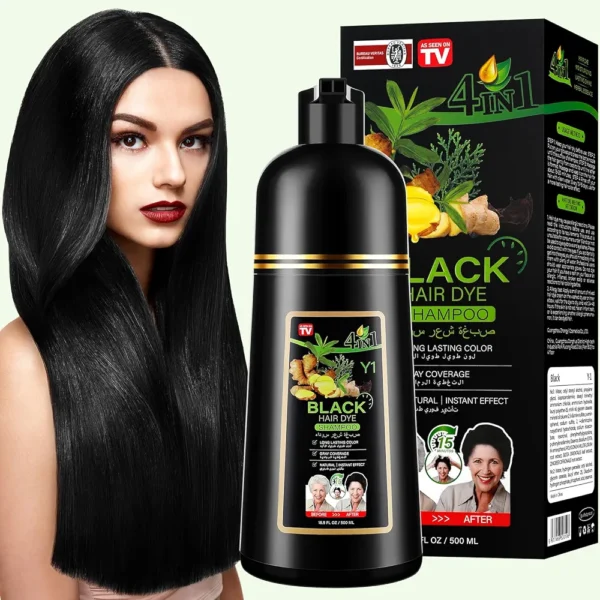 Shampooing Colorant Noir 4 en 1 pour Cheveux Gris, Teinture Capillaire Naturelle Longue Durée, Couverture Optimale et Effet Instantané, Formule Herbal 500ml