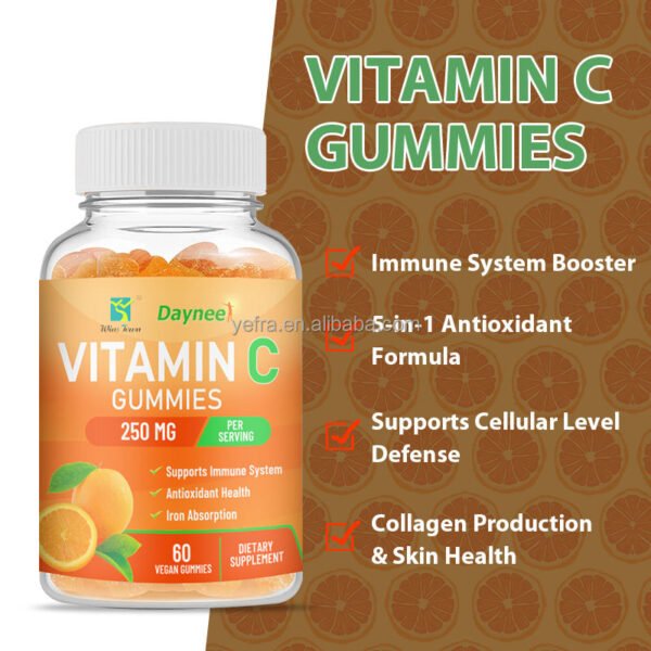 H42581a8a4e56469699e7ecedf81d81c50 Gummies Vitamine C 250mg pour Renforcer l'Immunité, Complément Alimentaire Antioxydant Vegan, Booste l'Absorption du Fer, 60 Bonbons Gommeux Saveur Orange