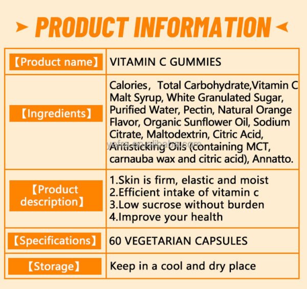H67420a50fa7b40cf834dd8529a6f5eedU Gummies Vitamine C 250mg pour Renforcer l'Immunité, Complément Alimentaire Antioxydant Vegan, Booste l'Absorption du Fer, 60 Bonbons Gommeux Saveur Orange