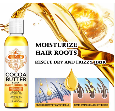 Hdbf4aeeb71be4f76b34a2fbcc672da56K Huile Hydratante Éclaircissante ROUSHUN au Beurre de Cacao et Citron, Anti-Taches et Unifiante, Soin Multi-Usages pour Peau, Cheveux et Corps, Formule Riche en Acide Kojique et Racine de Réglisse, Nourrissante et Réparatrice, 118ml