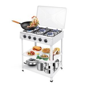 Cuisinière à Gaz 4 Feux avec Support et Étagères de Rangement Intégrées, Fourneau Robuste et Polyvalent pour une Cuisson Familiale Efficace, Réchaud Gazinière avec Couvercle de Protection